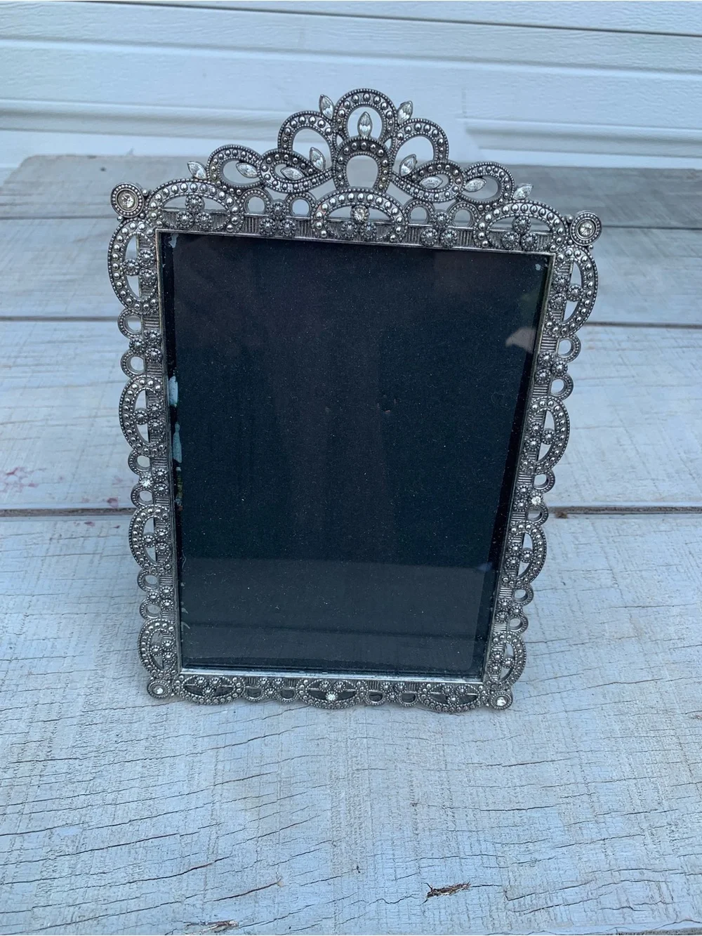 Vintage Silver Tone Ornate Metal Picture Frame Jeweled Rhinestone Marcasite 5x7